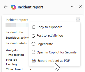 Captura de pantalla de las acciones adicionales en la tarjeta de resultados del informe de incidentes.