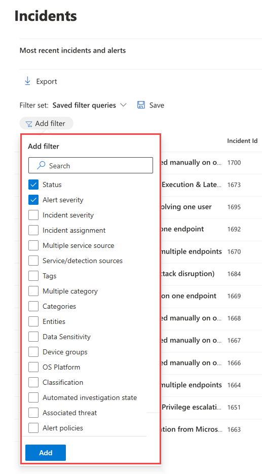 El panel Filtros de la cola de incidentes en el portal de Microsoft Defender.