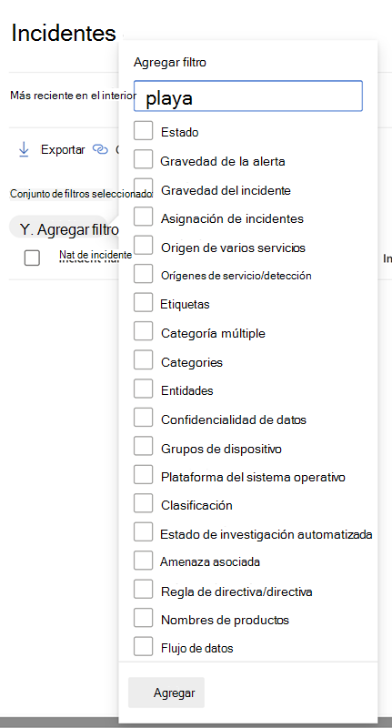 El panel Filtros de la cola de incidentes en el portal de Microsoft Defender.