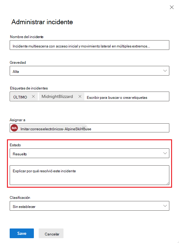 Captura de pantalla del panel de administración de incidentes con la nota de resolución de incidentes.