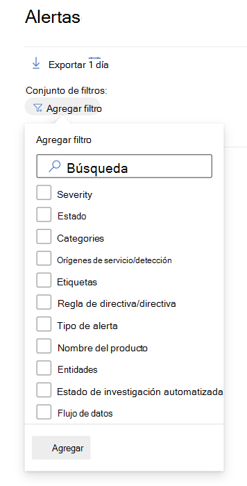 Todos los filtros disponibles en la cola De alertas en el portal de Microsoft Defender