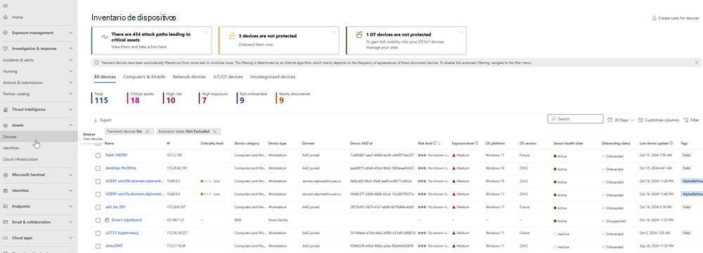 Captura de pantalla de la página Inventario de dispositivos en el portal de Microsoft Defender.