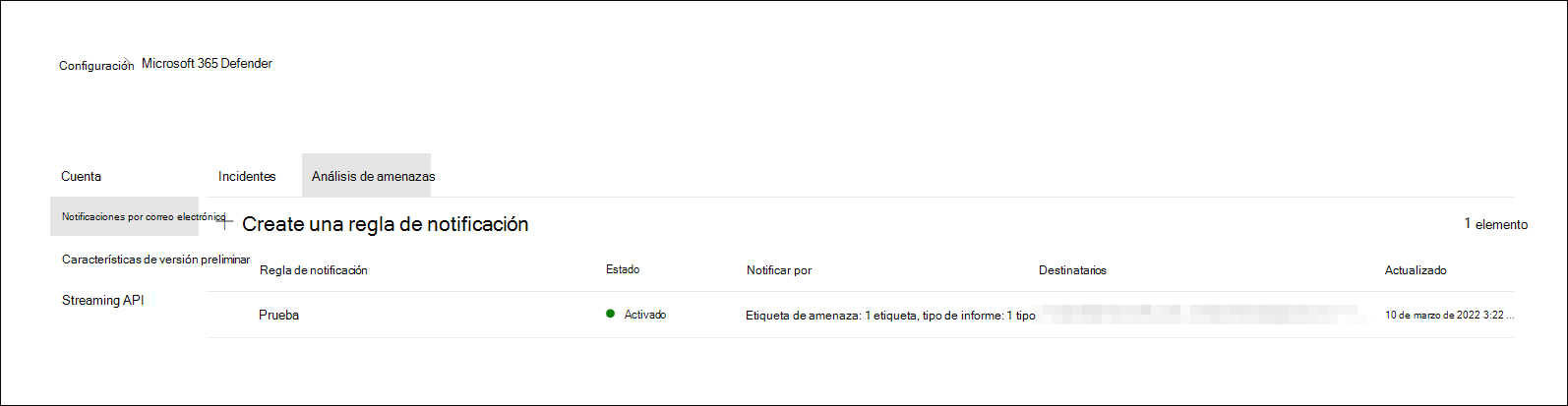 Captura de pantalla de la lista de reglas de notificación por correo electrónico en la pantalla Configuración