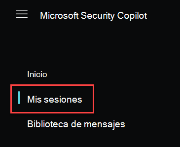 Captura de pantalla que muestra el menú inicio Microsoft Security Copilot con Mis sesiones resaltadas.