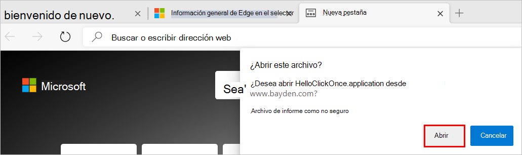 Solicitud para abrir un archivo no seguro con ClickOnce habilitado