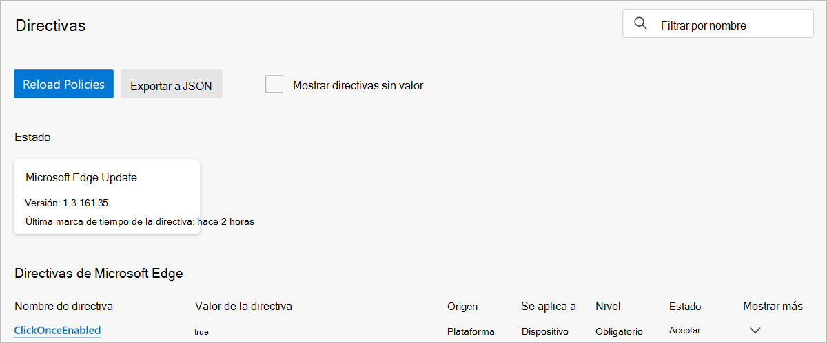 Página Directivas para el usuario que ha iniciado sesión