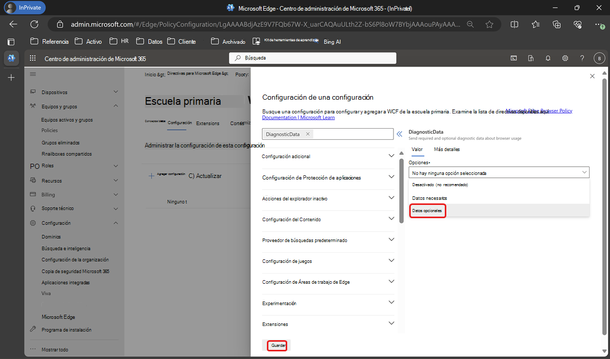 Busque DiagnosticData y configure Los datos opcionales como Obligatorios.