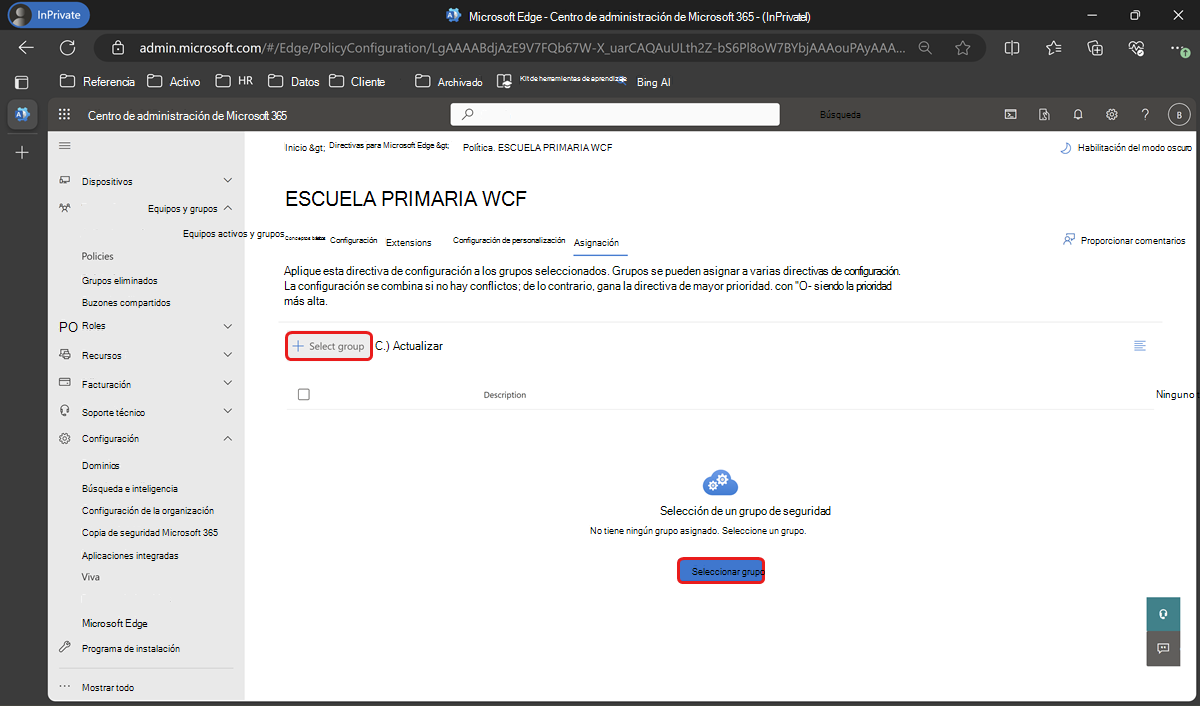 Seleccione Asignación en la página de directiva para seleccionar un grupo.