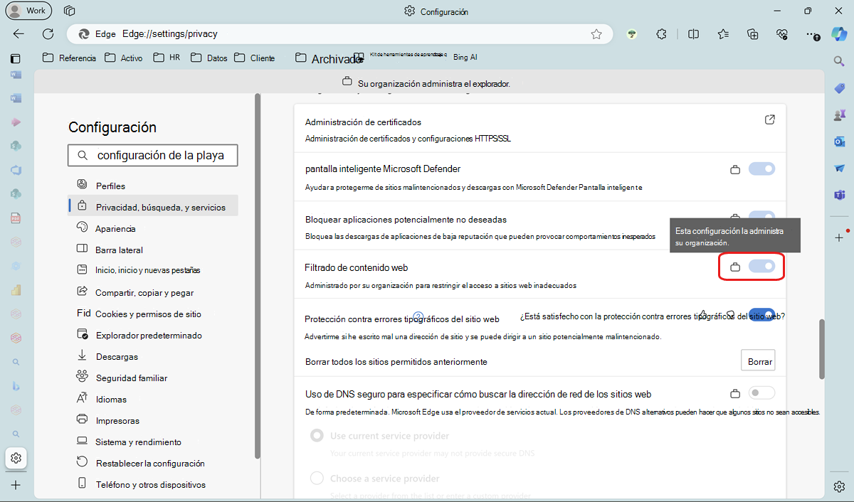 Compruebe el filtrado de contenido web en Configuración perimetral.