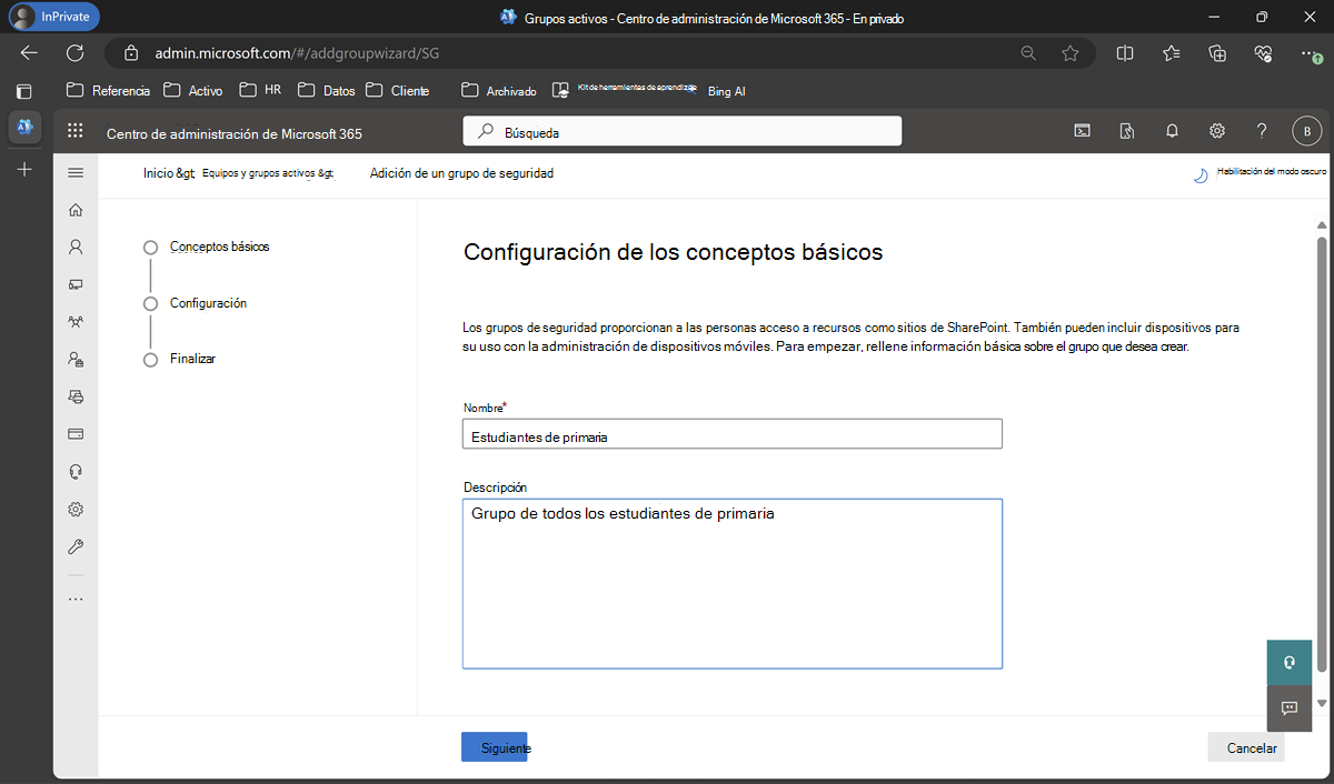 Proporcione el nombre y la descripción en Configuración de los conceptos básicos.