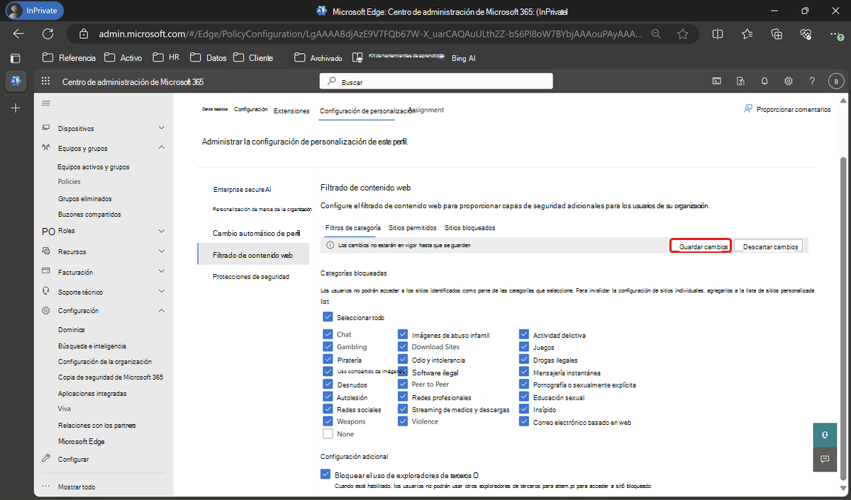 Elija categorías bloqueadas para el filtrado de contenido web.