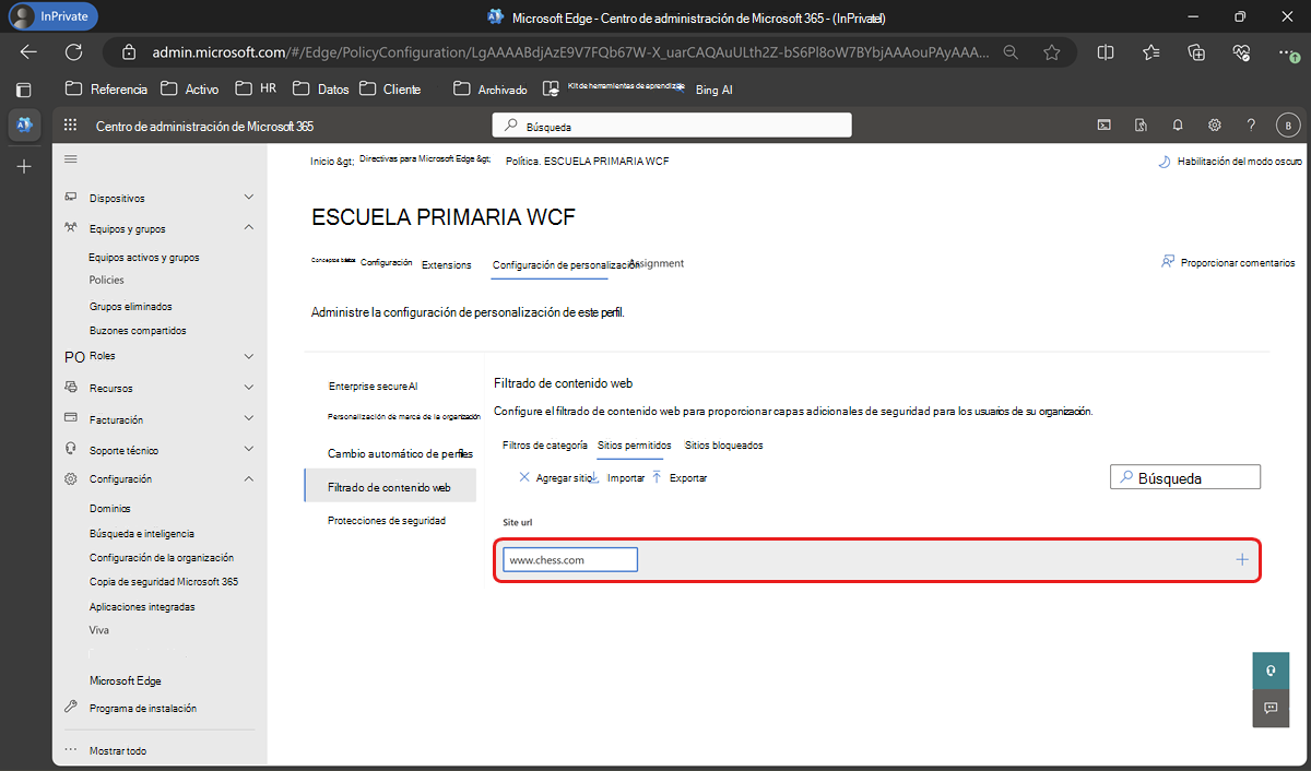 Escriba la dirección URL de los sitios permitidos en filtrado de contenido web.