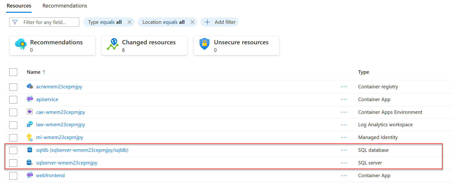 captura de pantalla A en la que se muestra el Azure SQL Database implementado.