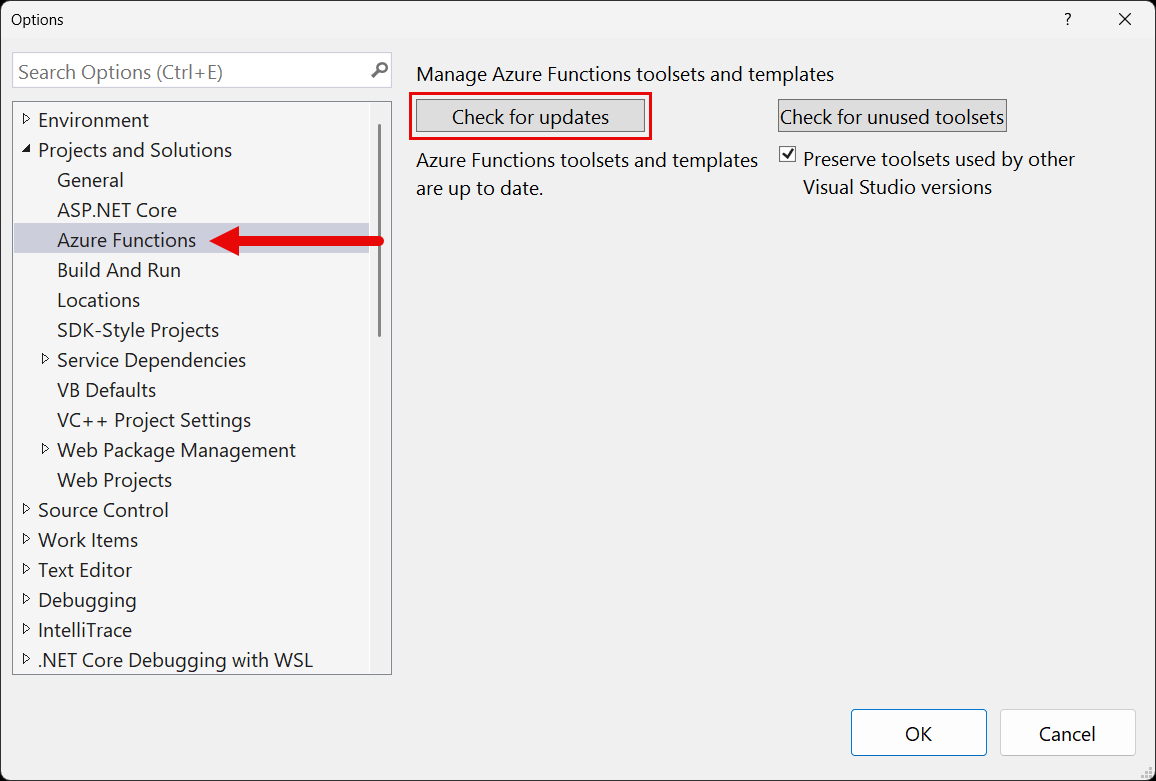 Visual Studio: Opciones/Proyectos y soluciones/funciones de Azure.