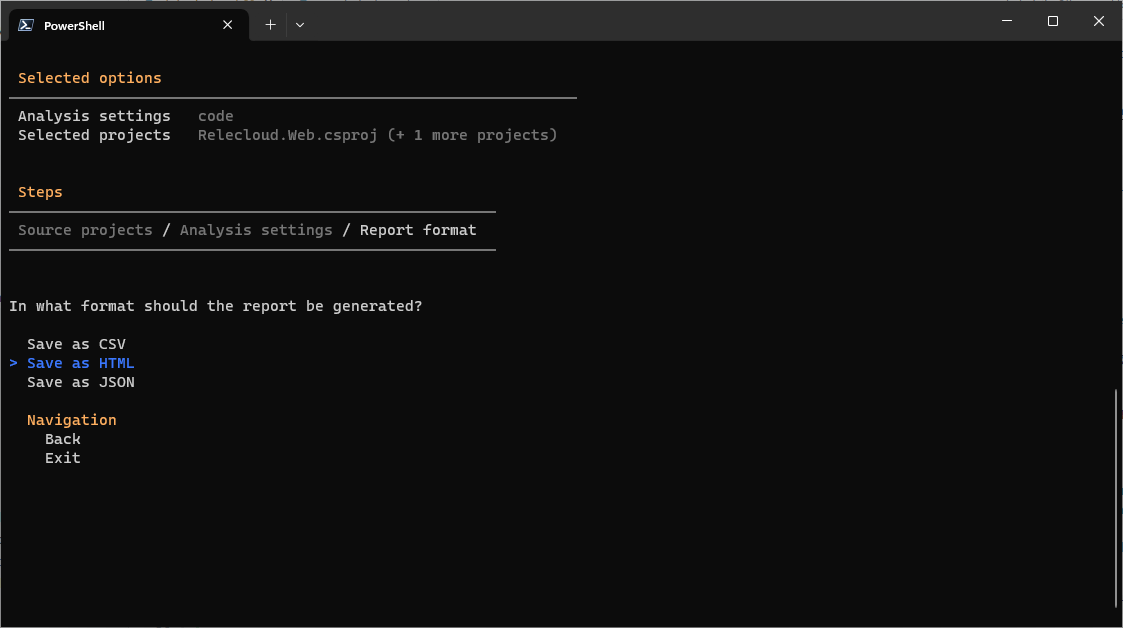 Screenshot of the CLI report format selection screen