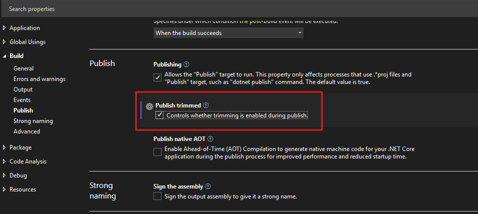 Página de publicación de Visual Studio con la opción Publicar recortada seleccionada.