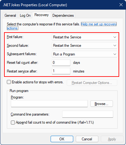 Cuadro de diálogo de propiedades de configuración de recuperación del servicio de Windows con el reinicio habilitado.