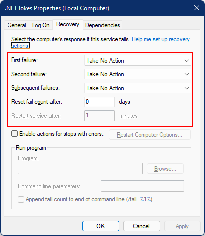 Cuadro de diálogo de propiedades de configuración de recuperación del servicio de Windows.