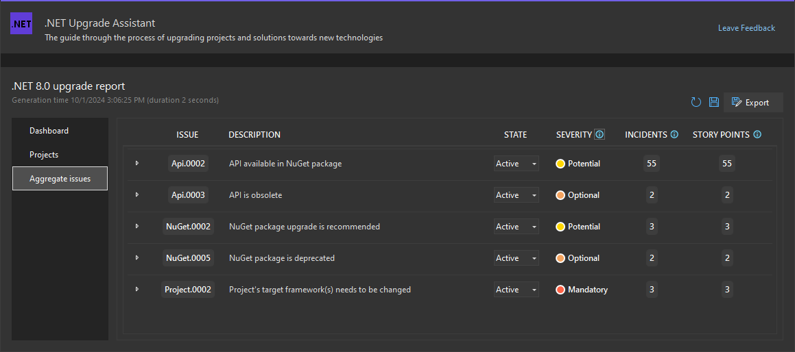 El Asistente para actualización de .NET analiza los resultados, que muestra la página 