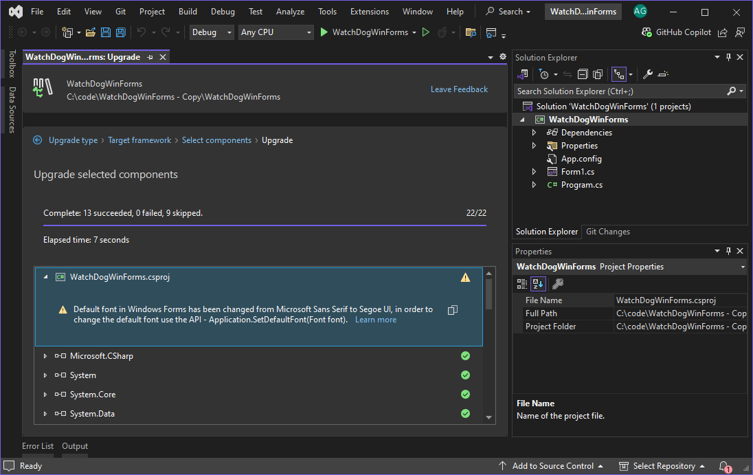 Pestaña Resultados de actualización del Asistente para actualización de .NET en Visual Studio.