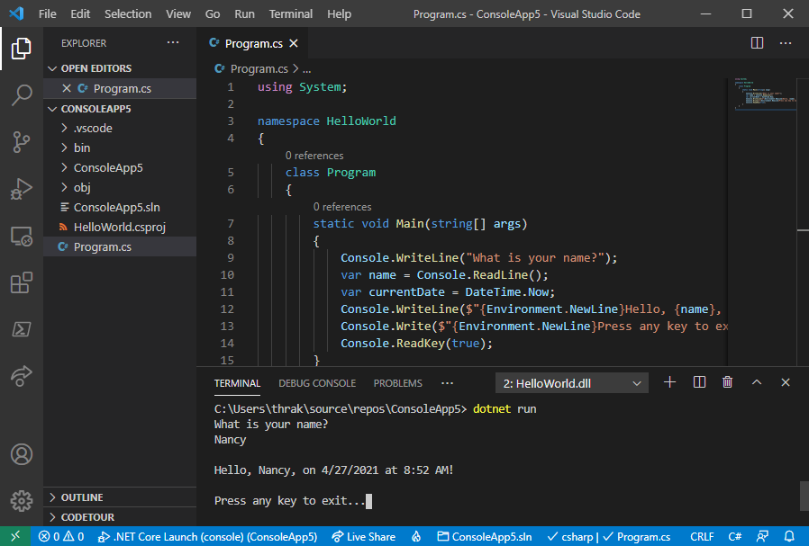 Terminal window with modified program output