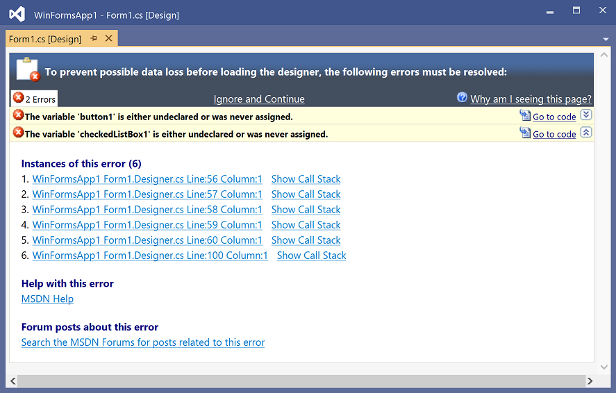 Error expandido del Diseñador de Windows Forms