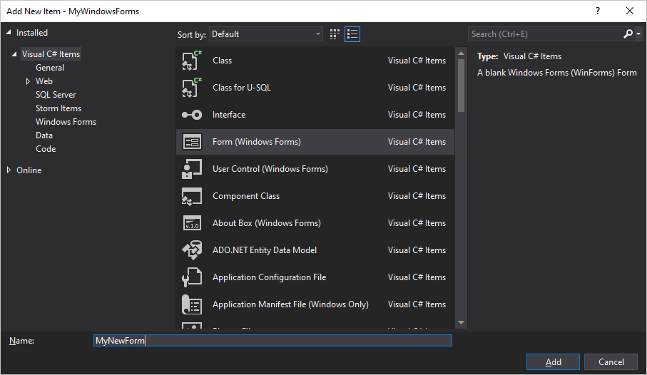 Cuadro de diálogo Agregar elemento en Visual Studio para Windows Forms