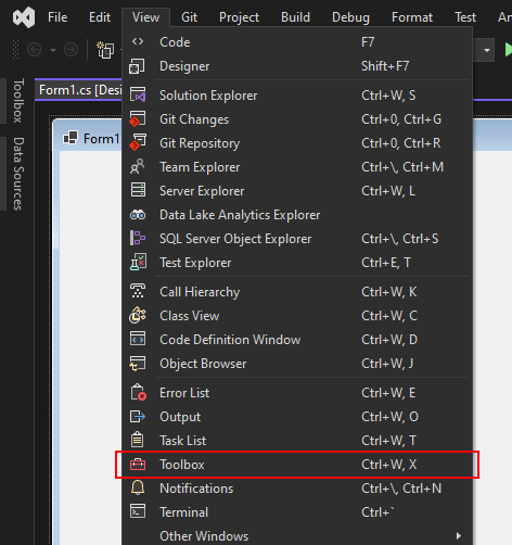 El menú Ver con el elemento del cuadro de herramientas resaltado en un proyecto de Windows Forms de Visual Studio 2022