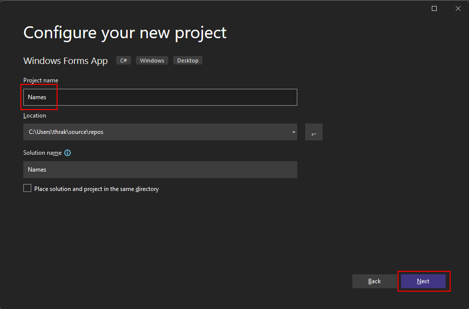 Configuración de un proyecto nuevo de Windows Forms en Visual Studio 2022 para .NET