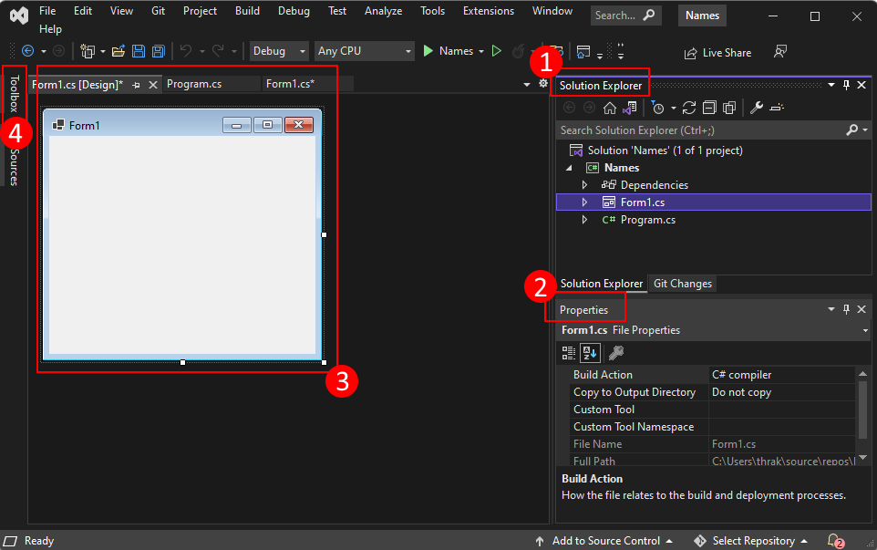 Los componentes importantes de Visual Studio 2022 que debe conocer al crear un proyecto de Windows Forms para .NET