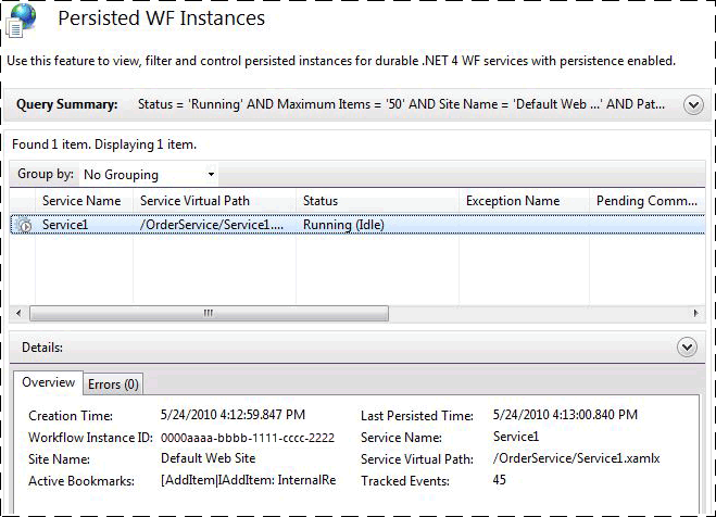 Screenshot that shows Persisted Workflow Instance Details.