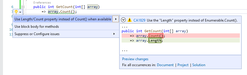 Corrección de código para CA1829:Usar la propiedad Length/Count en lugar de Count() cuando esté disponible