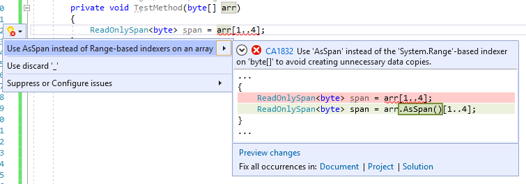 Corrección de código para CA1832: Use AsSpan or AsMemory instead of Range-based indexers for getting ReadOnlySpan or ReadOnlyMemory portion of an array (Usar AsSpan o AsMemory en lugar de indizadores basados en intervalos para obtener la parte ReadOnlySpan o ReadOnlyMemory de una matriz)