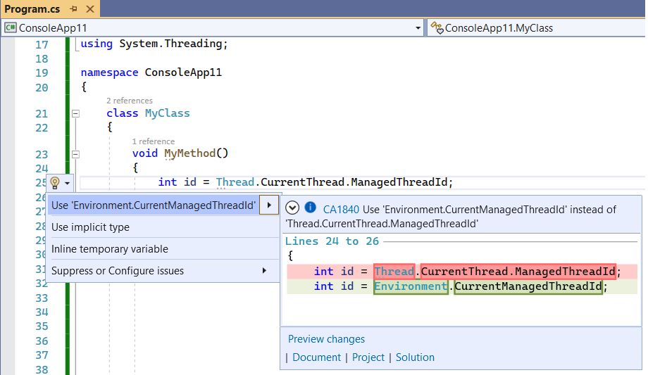 Code fix for CA1840 - Use 'Environment.CurrentManagedThreadId'