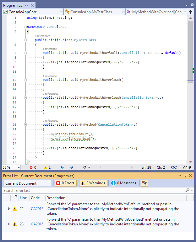 Regla CA2016: Forward the CancellationToken parameter to methods that take one (Reenviar el parámetro CancellationToken a los métodos que lo usan)