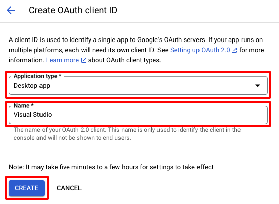 Captura de pantalla de la creación de credenciales de OAuth.