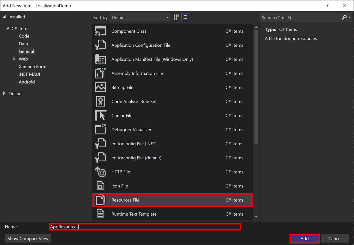 Captura de pantalla de la adición de un archivo de recursos en Visual Studio.