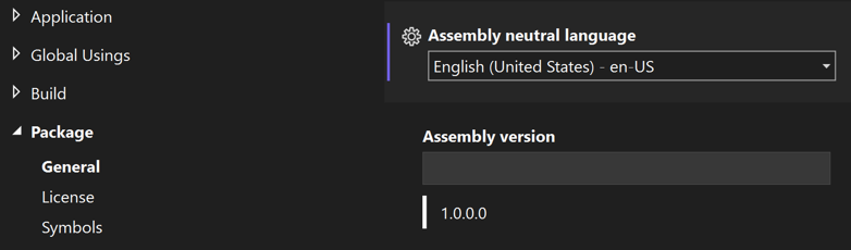 Captura de pantalla de la configuración del idioma neutro para el ensamblado.