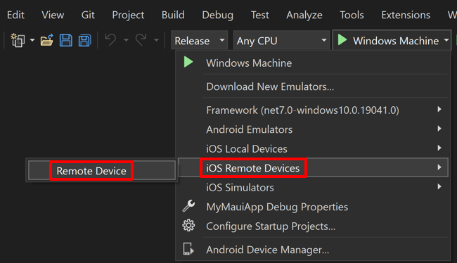 Selecciona el dispositivo remoto en Visual Studio.