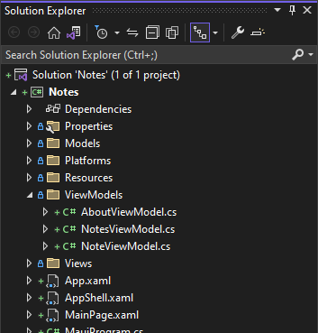 Explorador de soluciones que muestra carpetas de MVVM.