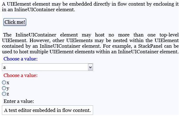 Captura de pantalla: elementos UIElement incrustados en el flujo