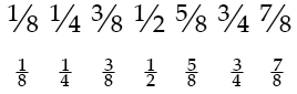 Texto con fracciones de openType con barras diagonales y apiladas