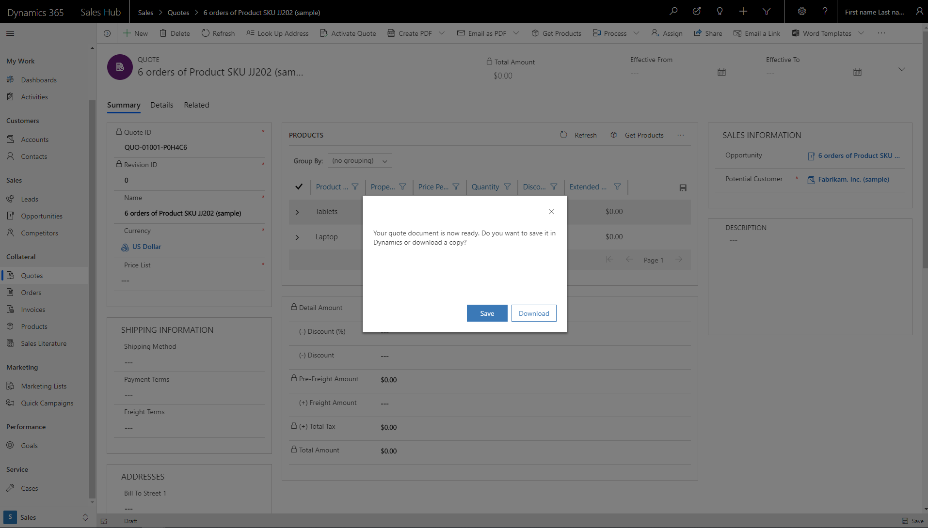 Cuadro de diálogo para guardar un PDF en Dynamics 365 Sales o Microsoft SharePoint