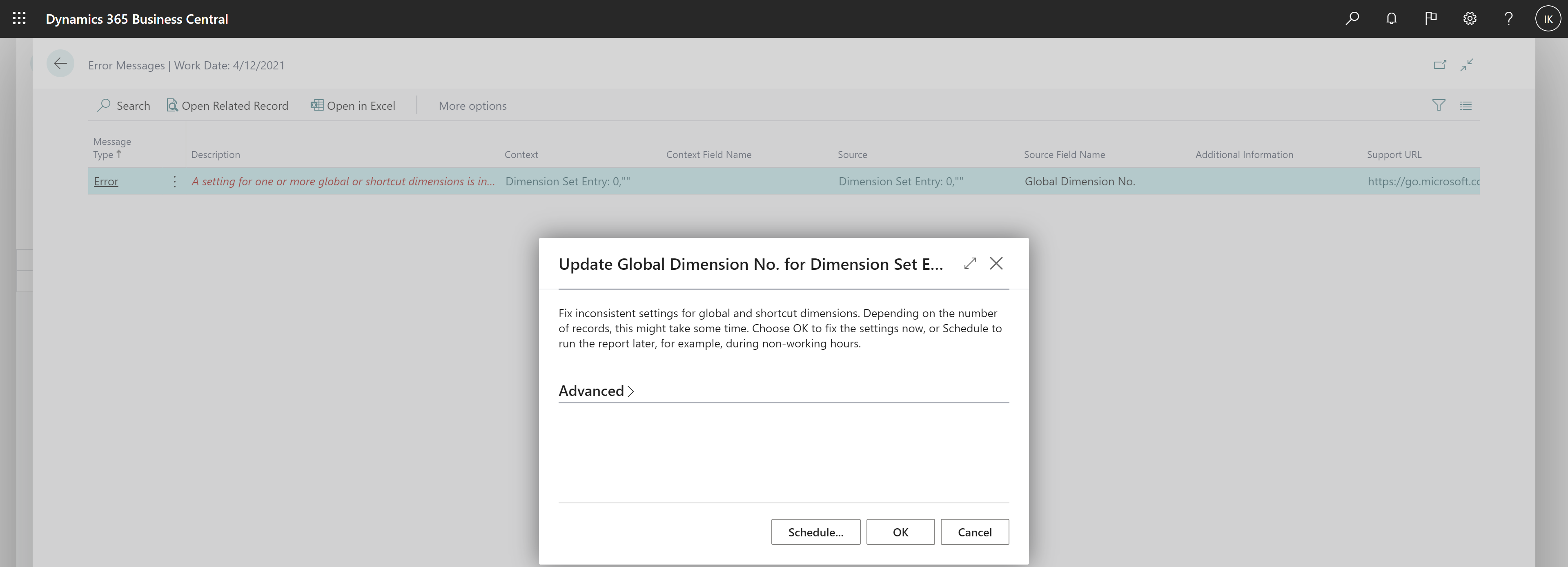 Muestra el nuevo informe Actualizar N.º dimensión global para Movimientos de grupo de dimensiones