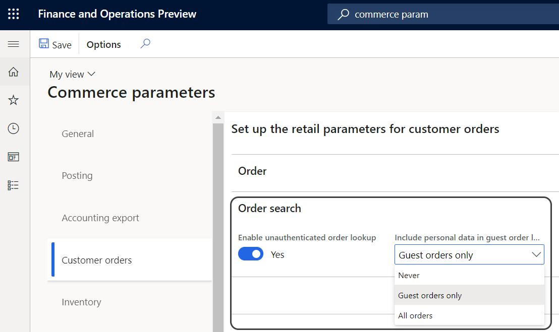 Captura de pantalla de las opciones de búsqueda de pedidos en los parámetros de Commerce en Headquarters