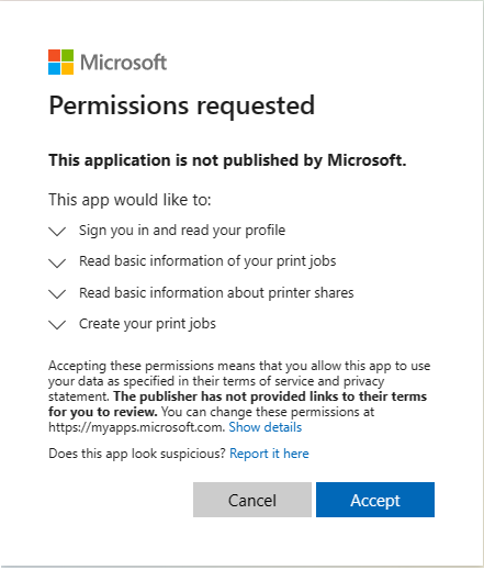 Muestra la página de permisos de solicitud de Azure