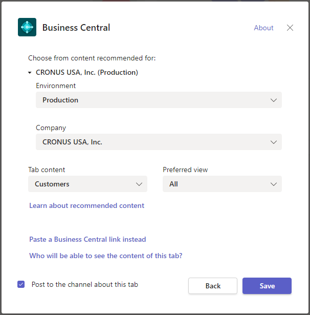 Muestra la ventana de configuración de la pestaña Business Central en Teams