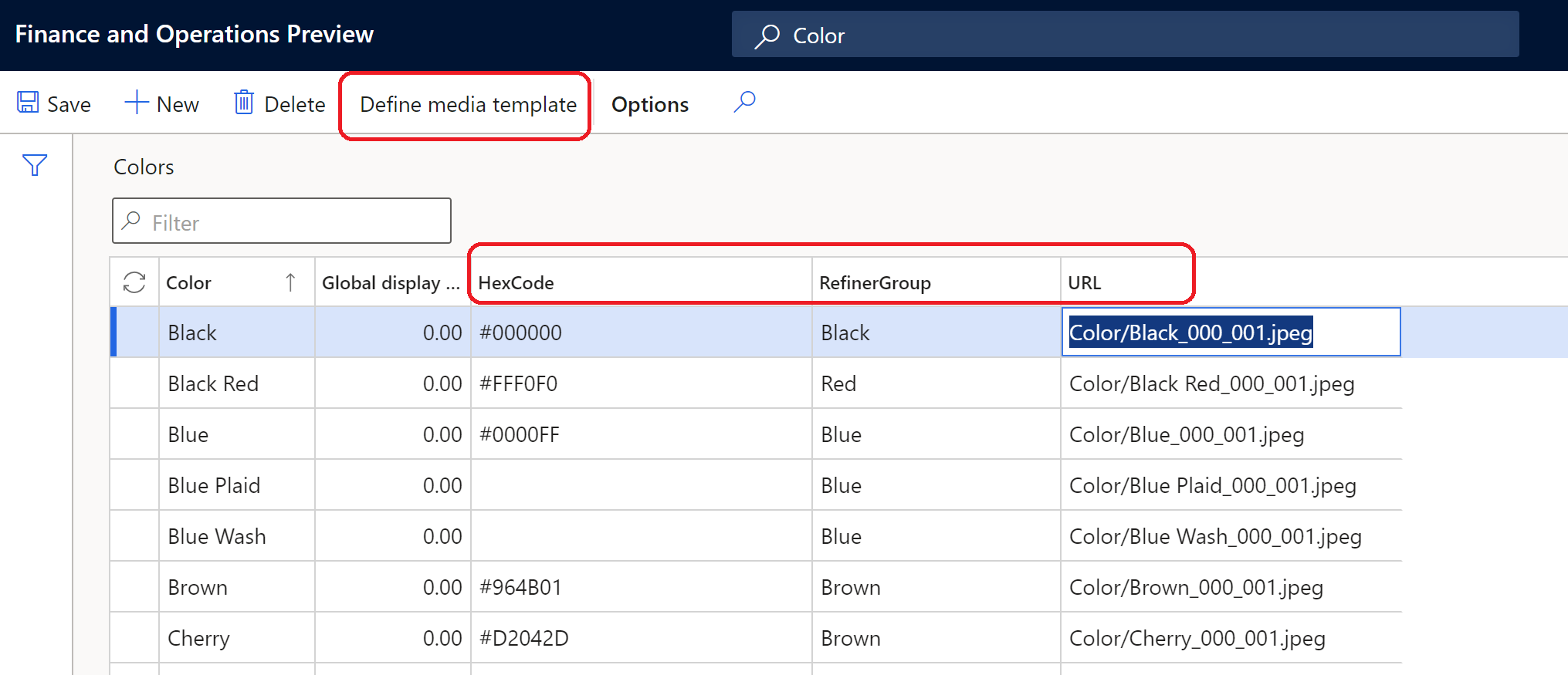 Ejemplo de configuración de dimensiones en la página Colores.