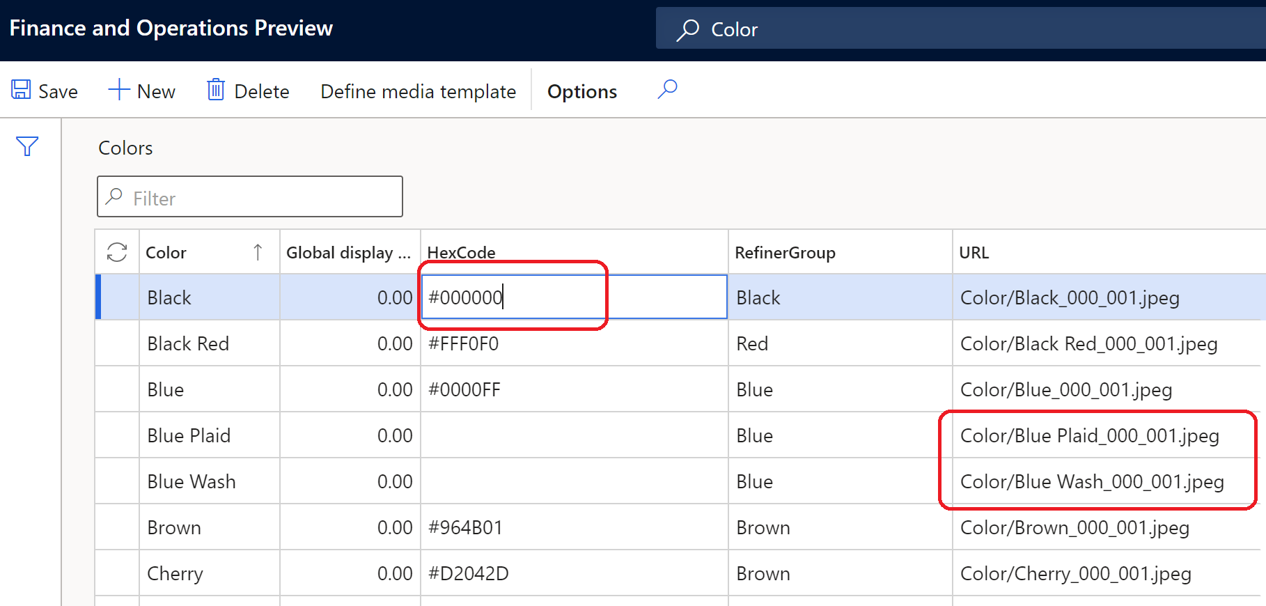 Ejemplo de configuración de dimensión que usa tanto códigos hexadecimales como URL de imagen.