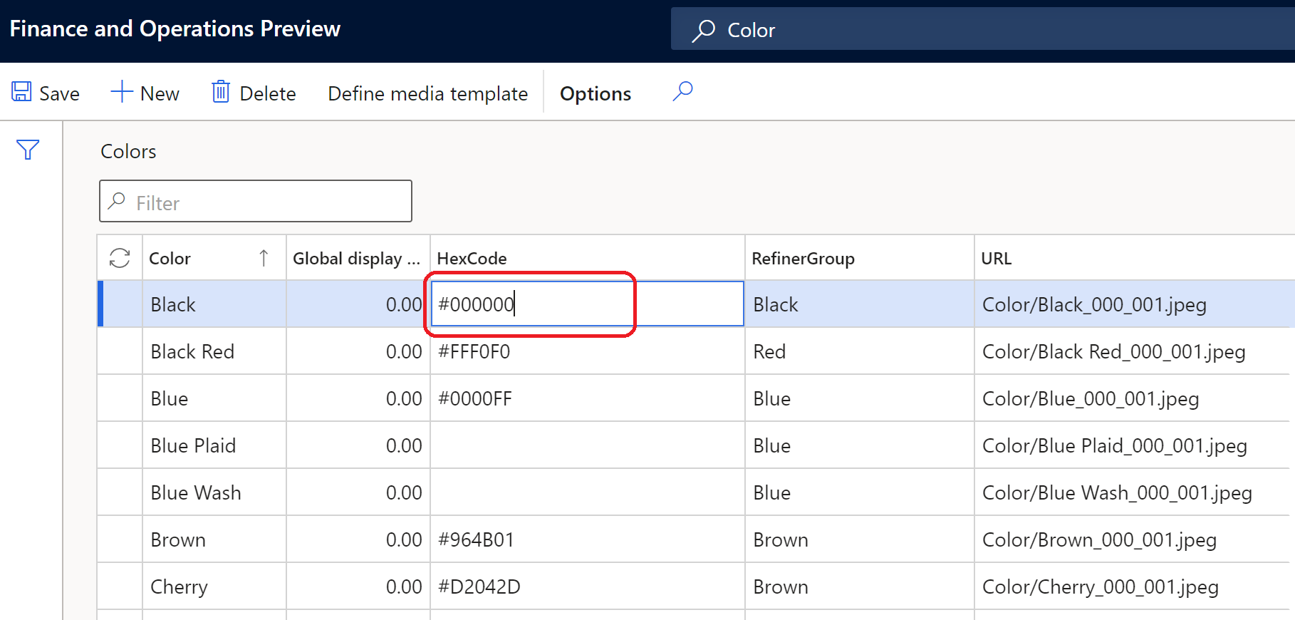 Ejemplo de configuración de dimensión que usa códigos hexadecimales.